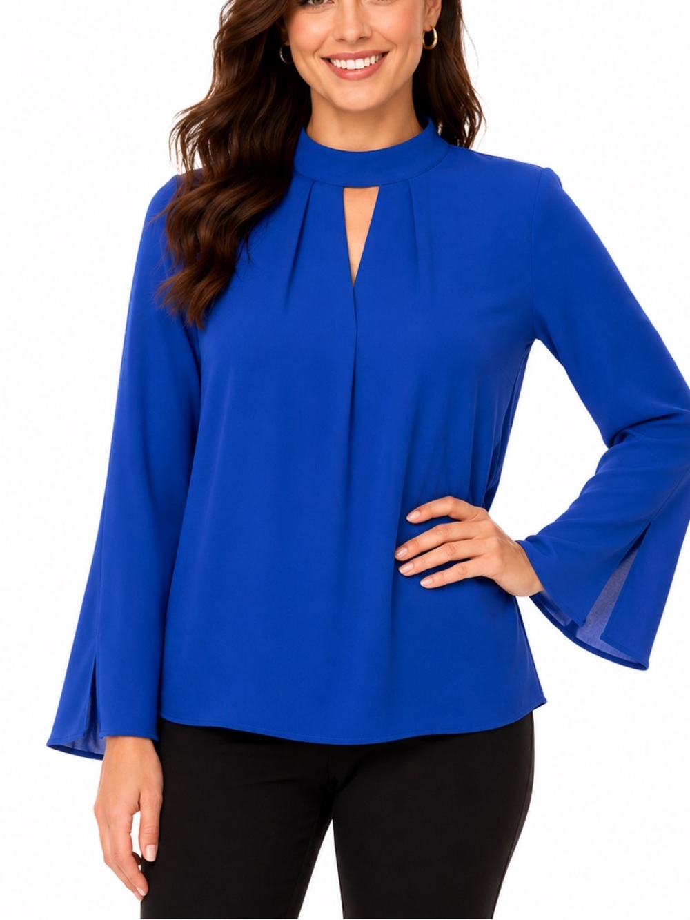 Cato Royal Blue High Neck Keyhole Blouse XS Flare Sleeve Career Top